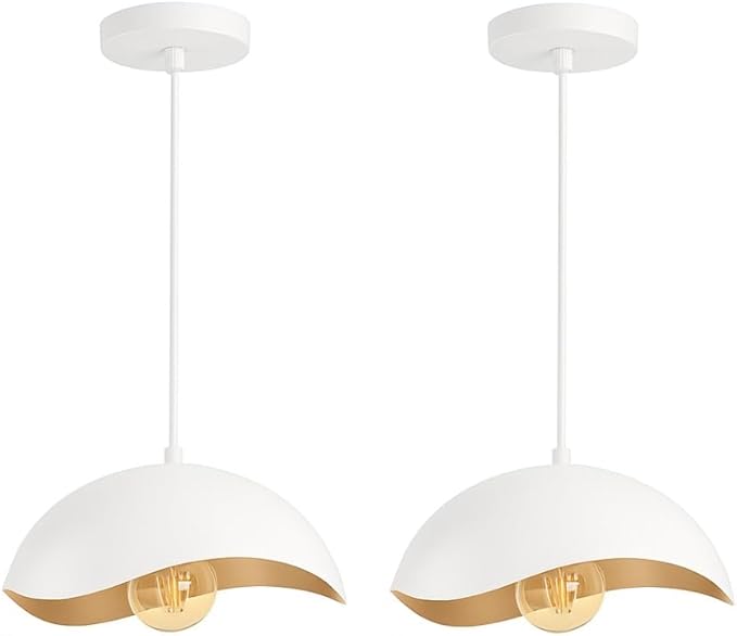 Modern Wave Pendant Light, 11" White and Gold Dome Shade, LED Ceiling Light Fixture with Globe Bulb, Contemporary Hanging Light for Kitchen, Dining Room, Bedroom (2 Pack)