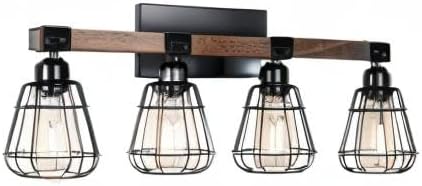 Bathroom Vanity Light Fixture,Rustic 4-Light Wood Wall Light,Industrial Bathroom Lighting Fixture Over Mirror,Modern Matte Black Metal Cage Wall Sconce for Hallway,Kitchen,Bedroom