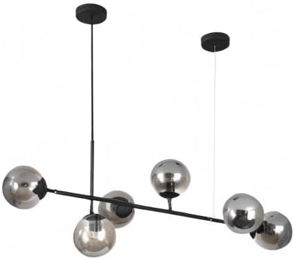 BOKT Mid Century Modern Globe Linear Chandelier Pendant Light Fixture Black Smoke Gray Glass Kitchen Island Pendant Light Dining Room Ceiling Hanging Lamp