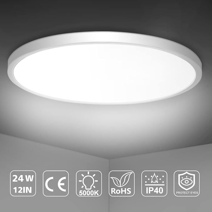 LED Flush Mount Ceiling Light Fixture, 5000K Daylight White 24W(240W Equivalent) 12 Inch Flat Modern Ceiling Lighting, 3200LM Ceiling Lamp for Bathroom Porch, Kitchen, Bedroom, Living Room, Hallway