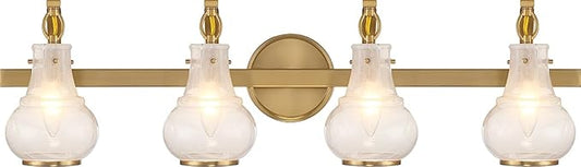 Savoy House 8-4417-4-322 Adams Modern Vintage Traditional White Strie Glass Bathroom Vanity Wall Light, 4-Light 240 Total Watts, 9" H x 32" W, Warm Brass