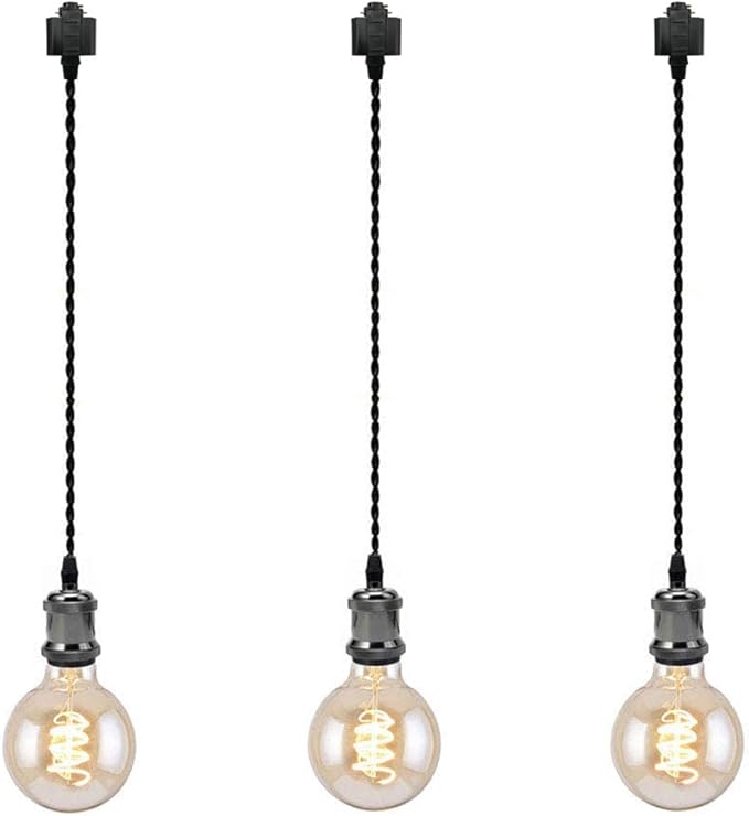 Kiven 3-Light H System Track Mini Pendant, Pearl Black Finish Lamp Holder Fitting, Rose Pendant Braided Fabric Flex Cord Length 31.5 in,TB0123-80CM