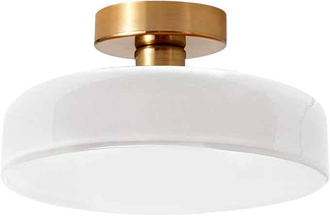 Mid Century Modern Ceiling Light 13.8" Brushed Brass White Milk Glass Shade 1-Light Gold Flush Mount Ceiling Lights Vintage Close to Lights for Hallway Bedroom Kitchen Sink Living Room