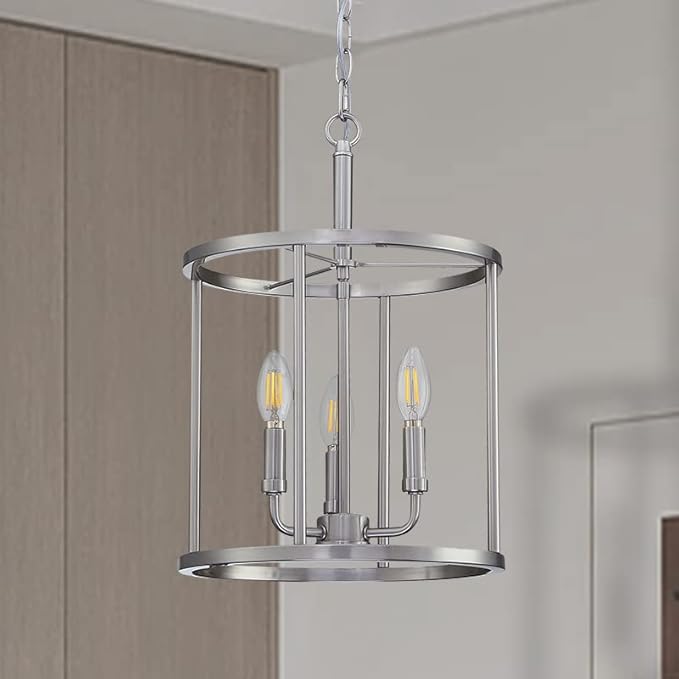 Doraimi Lighting 3-Light Hanging Lantern Pendant Light Fixture Brushed Nickel Finish Geometric Chandelier Adjustable Chain Metal Cage Pendant Lighting for Kitchen Island Dining Room Foyer