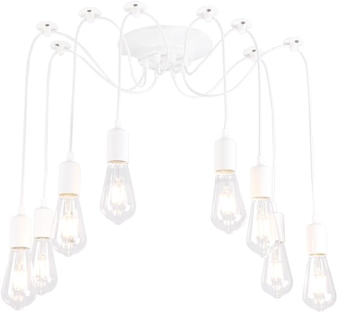 Finktonglan 8-Light Spider Pendant Chandelier, Adjustable 48.4" Cords, E26 Sockets, White Modern Farmhouse Multi-Light Ceiling Fixture for Kitchen Island, Dining Room & Entryway