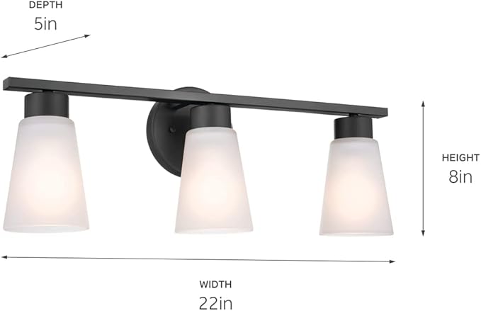 Kichler Stamos 3-Light Bathroom Vanity Light Fixture with Satin Etched Glass Shades, 22 in Modern Wall Light in Black for over Mirror (22 in x 5 in x 8 in), 52608BK