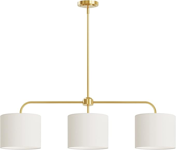 Electro bp 3-Light White Linen Drum Shade Chandelier with Polished Gold Metal Linear Pendant Light Fixture for Kitchen Island, Dining Table, E26, 180W