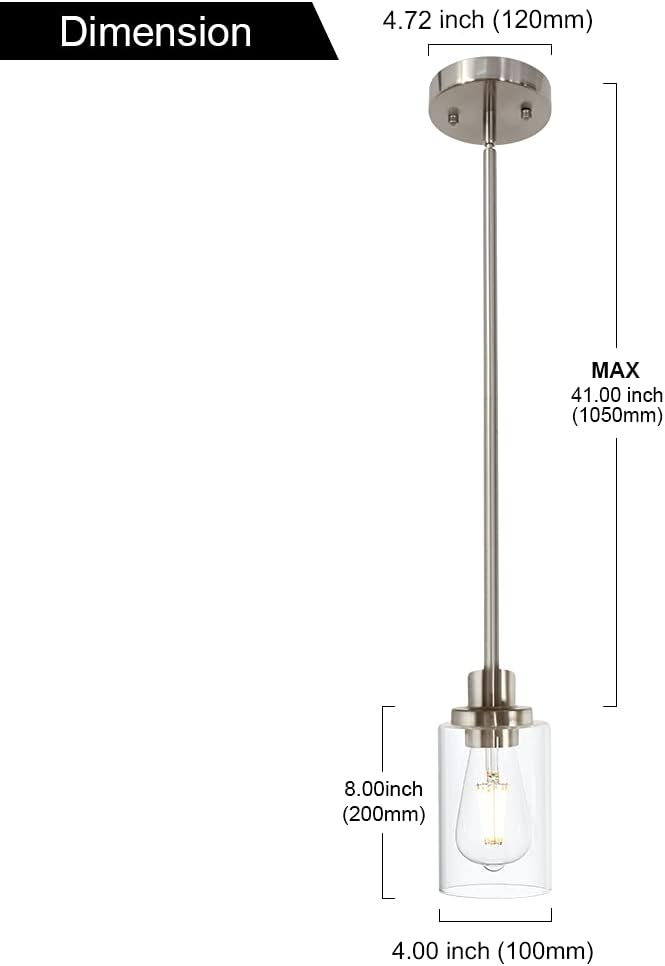TODOLUZ Modern Clear Glass Pendant Light in Brushed Nickel, Single Hanging Pendant Lighting for Farmhouse Entryway Dining Room Kitchen Island Foyer