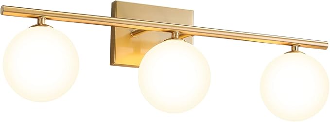 Bathroom Light Fixtures (3-Light, 24 in), Brushed Gold Vanity Lights with Milk Glass Shade, Bathroom Wall Lights for Mirror Bedroom Living Room Hallway
