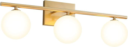 Bathroom Light Fixtures (3-Light, 24 in), Brushed Gold Vanity Lights with Milk Glass Shade, Bathroom Wall Lights for Mirror Bedroom Living Room Hallway
