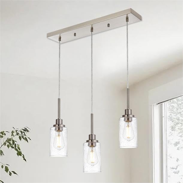 TODOLUZ Industrial Pendant Lighting, 3-Lights Adjustable Height Hanging Light Fixtures with Seeded Glass Shade, Brushed Nickel Kitchen Island Ceiling Light for Living Room Foyer