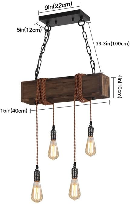KEESFU 4-Lights Farmhouse Pendant Lights Kitchen Island, Rustic Wooden Ceiling Hanging Light, Height Adjustable, Dining Room Chandelier for Kitchen Island Dining Room Bar Pool Table Cabin.