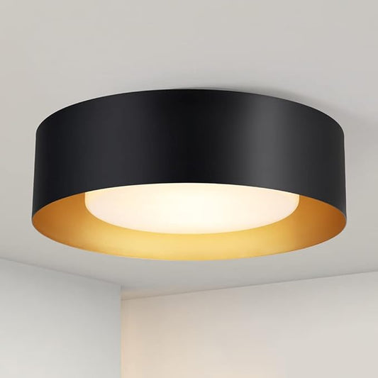 Modern Black and Gold Flush Mount Ceiling Lights, Glass Round Ceiling Lighting, Minimalist Drum Close to Ceiling Light Fixtures for Bedroom, Dining Room, Bathroom, Hallways, Living Room