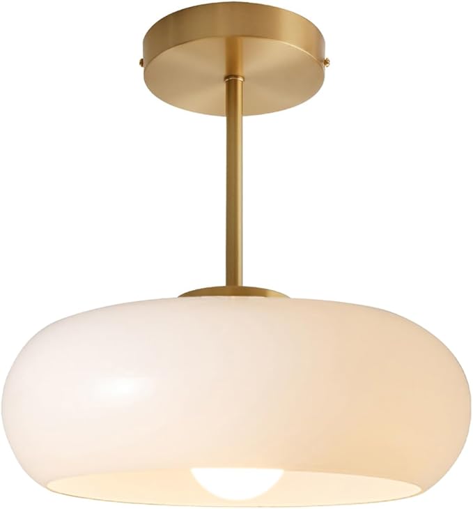 Gold Ceiling Light 1-Light White Glass Semi Flush Mount Ceiling Light Fixtures Mid Century Brass Flush Mount Lamp Milk Glass Shade Modern Close to Lamp for Hallway Bedroom Kitchen