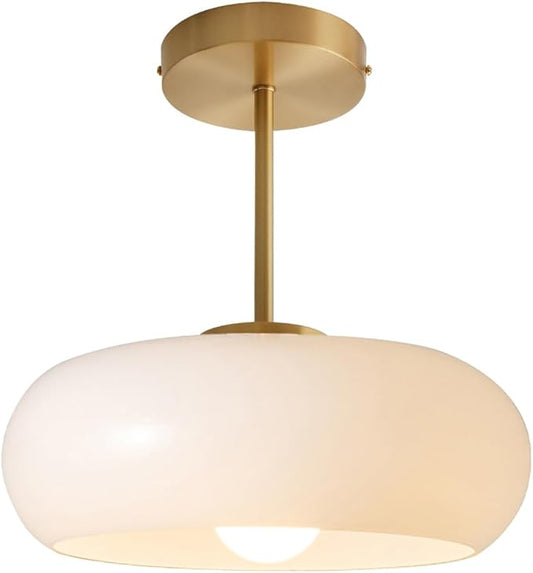 Gold Ceiling Light 1-Light White Glass Semi Flush Mount Ceiling Light Fixtures Mid Century Brass Flush Mount Lamp Milk Glass Shade Modern Close to Lamp for Hallway Bedroom Kitchen