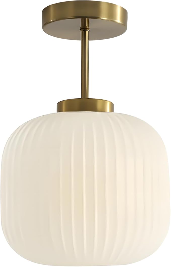 KCO Lighting Ribbed Milk Glass Flush Mount Light Gold and White Ceiling Lights Brass Kitchen Lighting Fixtures Small Globe Semi Flush Mount Ceiling Light for Hallway Stairway