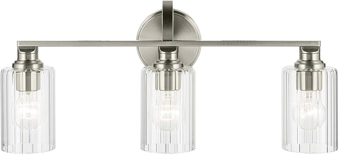Kichler Gioe 24.25 in 3-Light Bathroom Vanity Light Fixture with Clear Fluted Glass in Brushed Nickel, Modern Wall Mount Over Mirror for Powder Room, Damp Rated (24.25 in W x 10.5 in H), 55226NIFLU