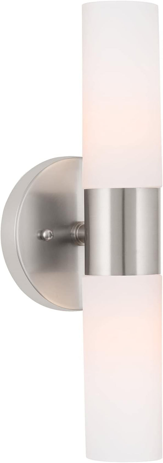 Kira Home Duo 14" Modern Wall Sconce with Frosted Glass Cylinder Shades, Linear 2-Light Silver Wall Light, Brushed Nickel Finish