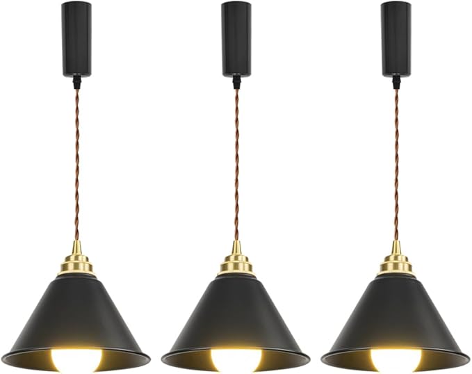 3.2 Ft Adjustable Cord H-Type Track Pendant Brass & Black Shade Hanging Light Vintage Design for Kitchen Office Stairs Set of 3(No Bulb, Track)