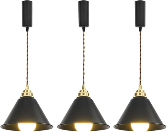 3.2 Ft Adjustable Cord H-Type Track Pendant Brass & Black Shade Hanging Light Vintage Design for Kitchen Office Stairs Set of 3(No Bulb, Track)