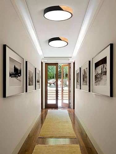 Vikaey Modern Dimmable Wood Ceiling Light, Minimalist LED 5CCT 2700K-6000K Flush Mount Ceiling Light Fixture, Round Lighting Lamp for Bedroom, Laundry Room, Hallway, Entryway, Black, 11.8"