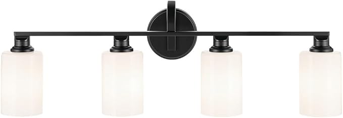 Kichler Gioe 4-Light Bathroom Vanity Light Fixture with Opal Glass in Black, Modern Wall Mount Over Mirror Lighting for Powder Room (32.25" W x 10.5" H), 55227BK
