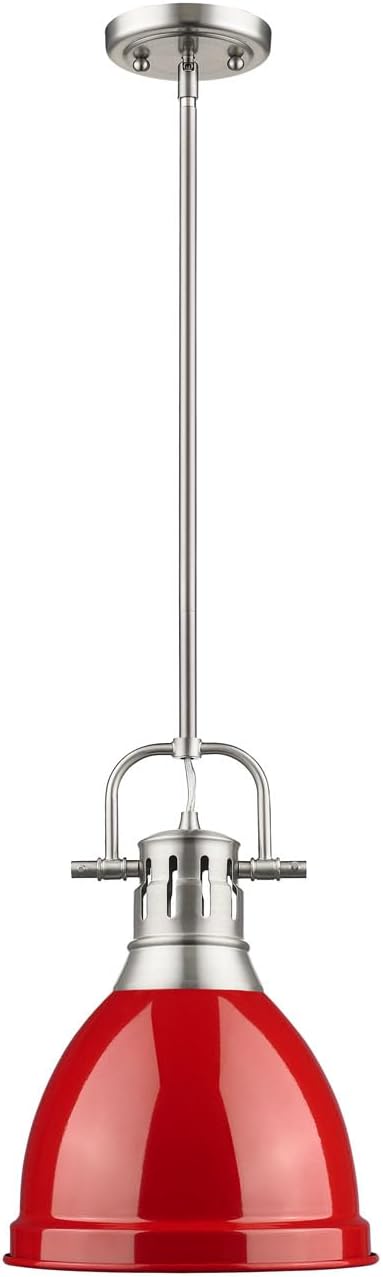Golden Lighting Duncan Small Pendant with Rod in Pewter with a Red Shade