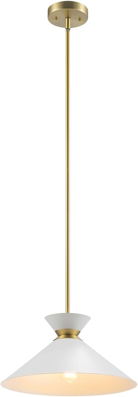 GLOBE Electric 1-Light Pendant Light, Matte Brass Finish, White Tapered Metal Shade with Ring Detail, Adjustable Rods, Dimmable, E26 Base, 67000197