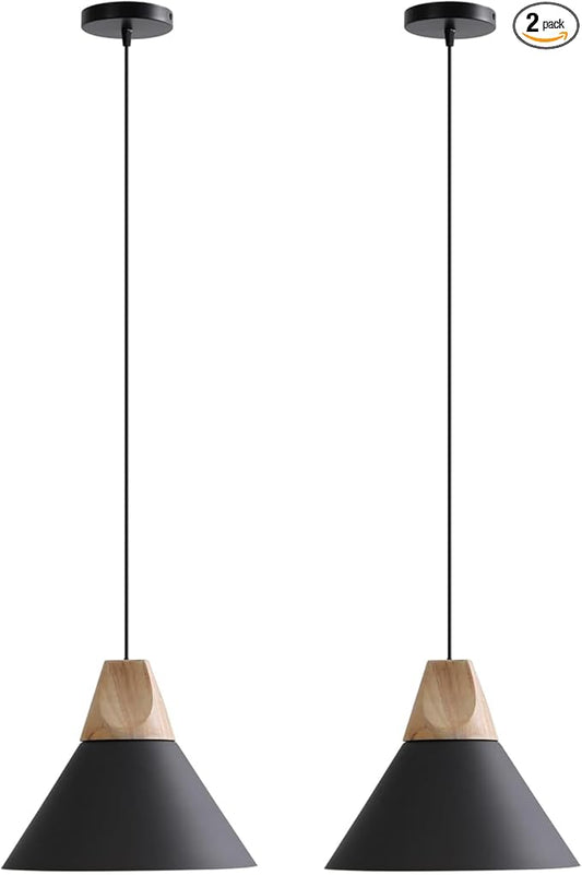 Pendant Light,Solid Wood Ceiling Hanging Lamp,Modern Matte Black Pendant Lighting for Kitchen Island Dining Room Coffee Bar (Black-2 Pack)
