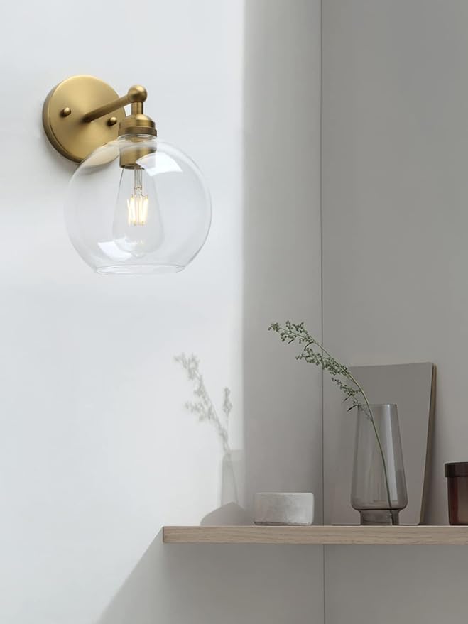 Yosoan Brass Boho Vanity Vintage Gold Bathroom Wall Sconce, Indoor Hardwired Wall Mounted Industrial Fixture Lights with Double Hole Round Glass Lamp for Mirror, Living Room, Hallway(Antique)