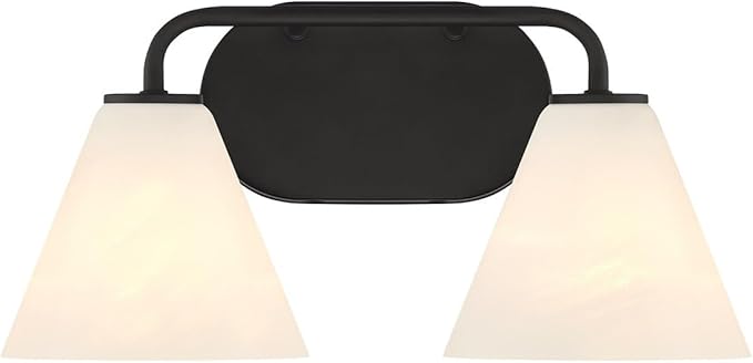 Savoy House 8-2988-2-BK Blair Traditional Vintage White Strie Glass Bathroom Vanity Wall Light, 2-Light 120 Total Watts, 8" H x 16" W, Matte Black