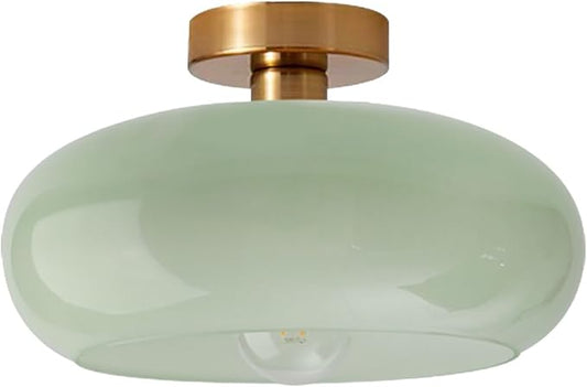 Green Glass Flush Mount Ceiling Light Nordic Modern Ceiling Lights Large Round Milk Glass Shade Gold Brass Semi Flush Mount Ceiling Light for Kitchen Hallway Bedroom Overhead Light