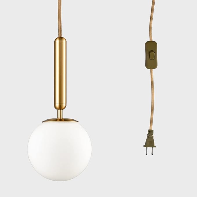 DIRYZON Modern Gold Pendant Light with Plug-in Cord,Milk Glass Pendant Hanging Lighting Globe Swag Light Plug in for Bedroom Living Room （15 CM/6 INCH）