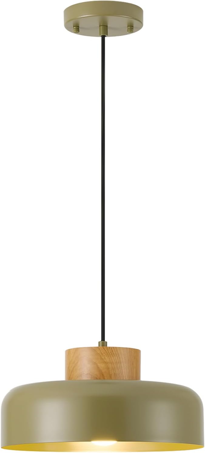 Mid-Century Modern Pendant Light,12.6" Natural Wood & Olive Green Metal Shade,Adjustable Kitchen Island Dining Room Lighting Fixture