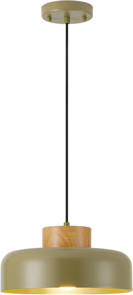 Mid-Century Modern Pendant Light,12.6" Natural Wood & Olive Green Metal Shade,Adjustable Kitchen Island Dining Room Lighting Fixture