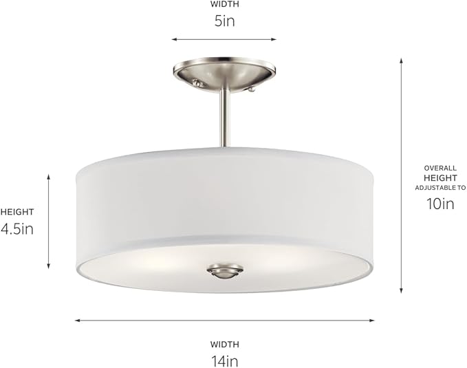 Kichler Shailene 14" 3-Light Semi Flush Mount Ceiling Light Fixture with Satin Etched White Diffuser and White Microfiber Shade in Brushed Nickel for Bathroom or Bedroom, 43675NI