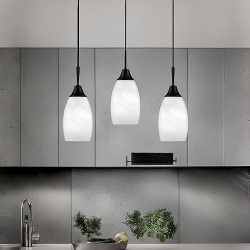 Viinew Mini Glass Pendant Light,4.72" Black White Hanging Lights 3-Pack Handblown White Oval Art Glass Hanging Pendant Light for Kitchen Island,Dining Room,Living,Foyer,Hallway, Entry