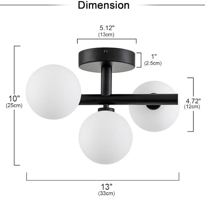 EDISLIVE 3-Light Semi Flush Mount Ceiling Light Frosted Globe, 13in Mid Century Modern Sputnik Light Fixture Ceiling with Milk Glass Shade for Bedroom Entryway Dining Room Black Finished