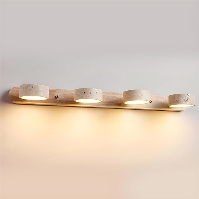 Farmhouse Wood Vanity Light Fixture Nordic Style Stone Wall Lamp Natural Travertine Shade Linear Bathroom Wall Sconce 4 Lights Rotatable LED Wall Light Over Mirror - Natural Wood Color