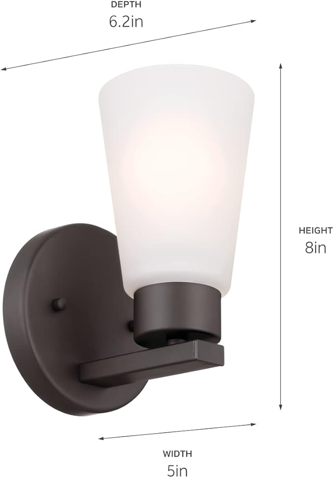 Kichler Stamos Wall Sconce 1-Light with Satin Etched Glass, Modern Bathroom or Hallway Light in Olde Bronze®, (8" H x 5" W x 6" D)