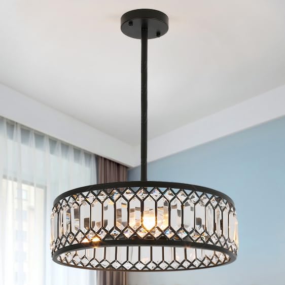 Crystal Ceiling Lights 16 Inch Modern Semi Flush Mount Ceiling Light Fixture,Farmhouse Rustic Black Chandelier for Drawing Room Bathroom Kitchen Dining Room Living Room Foyer(4 Light)
