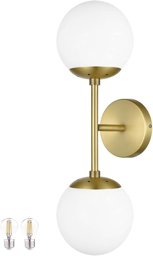 KoKo&Yukina 2 Pack Gold Vanity Light Fixtures Mid Century Modern Bathroom Vanity Light with Milky White Glass Globe Sconce Lights Fixture Vanity Lights for Bathroom (Bulb Include)