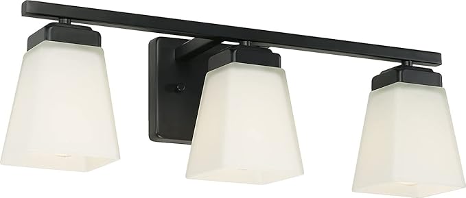 HomePlace Lighting 114431MB-334 Baxley Modern Soft White Glass Bathroom Vanity Wall Light, 3-Light 300 Total Watts, 7" H x 22" W, Matte Black