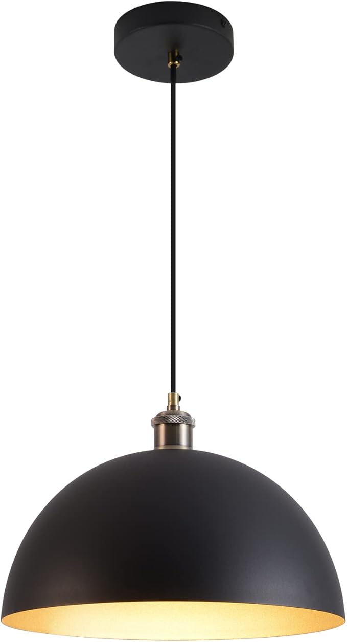 Vintage black and gold Pendant Light 13.7'' Retro Farmhouse Dome Pendant Lamp Modern Industrial Chandelier for Wire length 78.74'' Kitchen Island, Bedroom, Dining Room, Living Room, Hallway