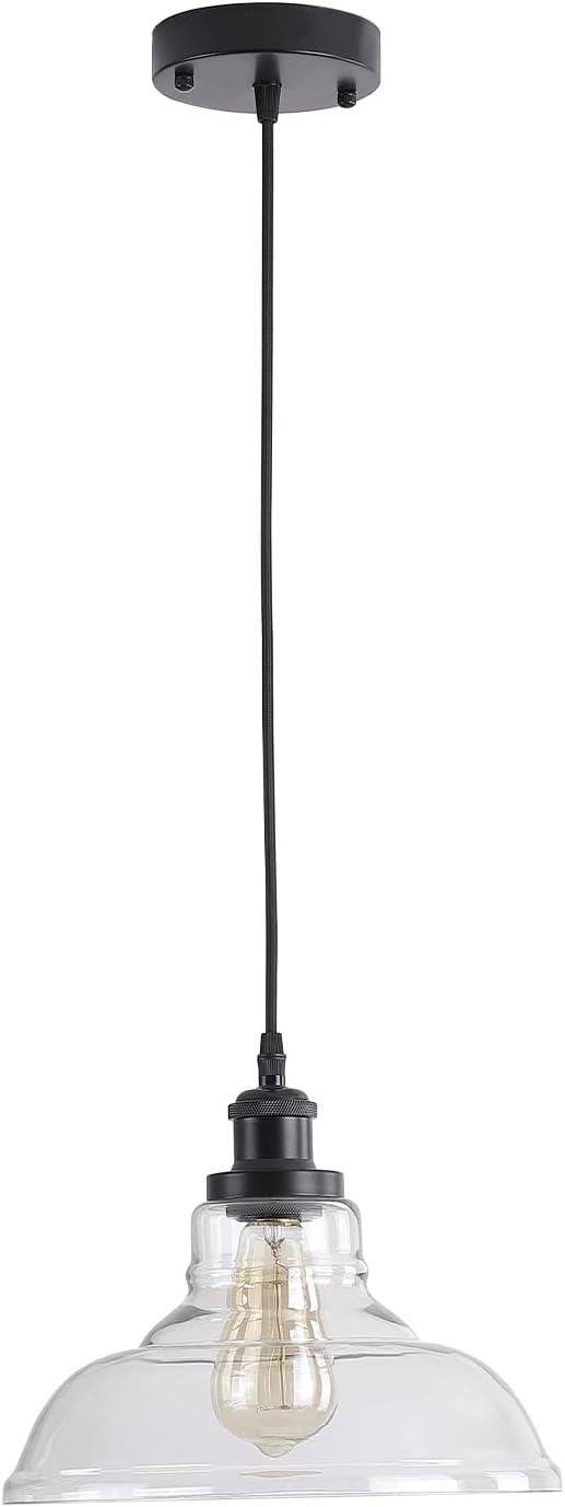 GLADFRESIT Industrial Pendant Lights, Vintage Hanging Light Over Table, Clear Dome Glass Lampshade, Black Lamp Head and Base, Adjustable Hanging Height Lighting Fixtures
