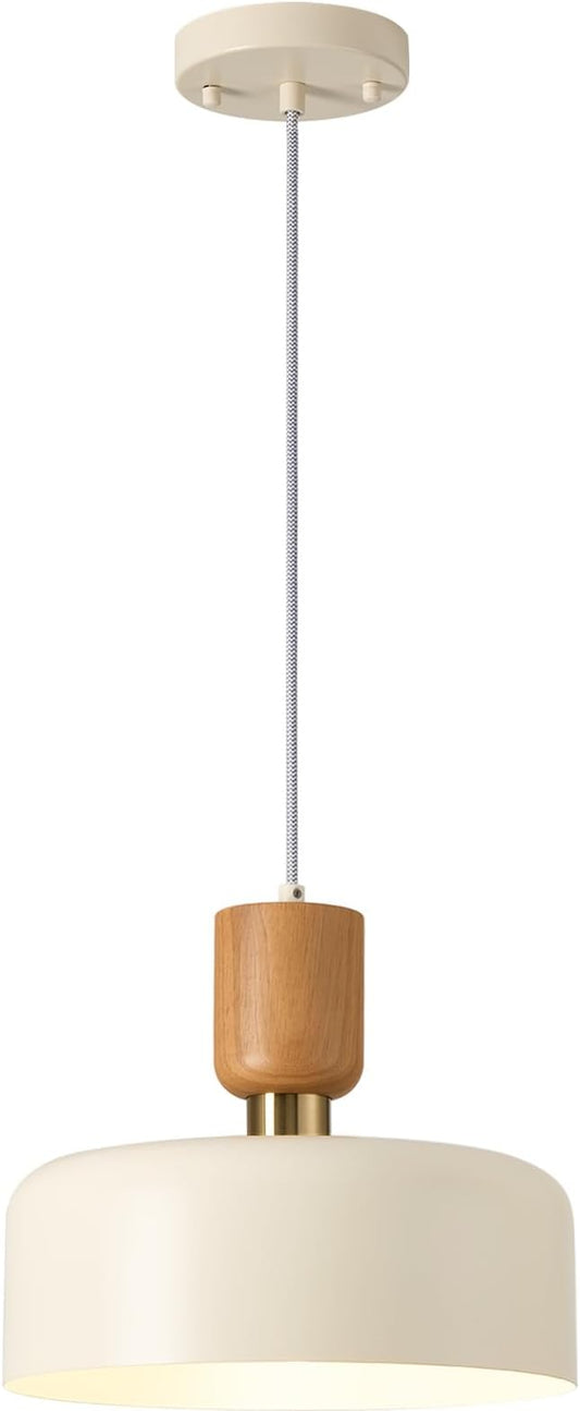 Modern Pendant Lighting,12 inch,Natural Wood and Brass Accent,Adjustable Pendant Light Fixtures for Kitchen Island,Dining Room,Soft Cream