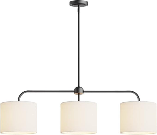 Electro bp;40" W 3-Light White Linen Drum Shade Chandelier with Black Metal Linear Pendant Light Fixture for Kitchen Island,Dining Table,E26,180W;