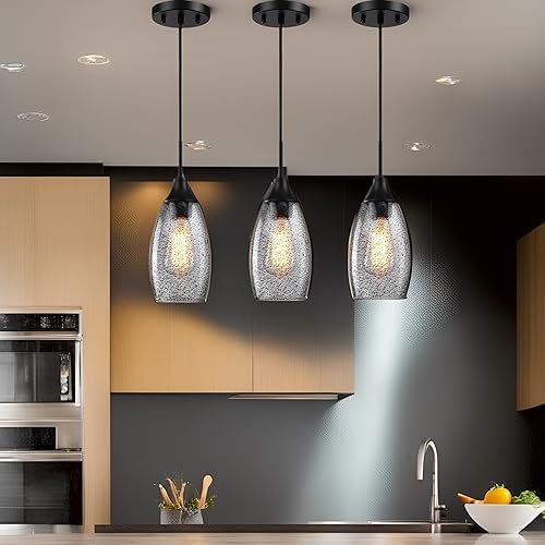 Viinew Mini Glass Pendant Light,4.72" Black Glass Hanging Light 3-Pack Handblown Clear Black Seeded Shade Adjustable Cord Ceiling Light Fixture for Kitchen Island Sink