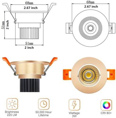 LightingWill 2inch LED Dimmable Downlight, 3W COB Recessed Ceiling Light, Daylight White 5500K-6000K, CRI80, 25W Halogen Bulbs Equivalent, Gold (10 Pack)