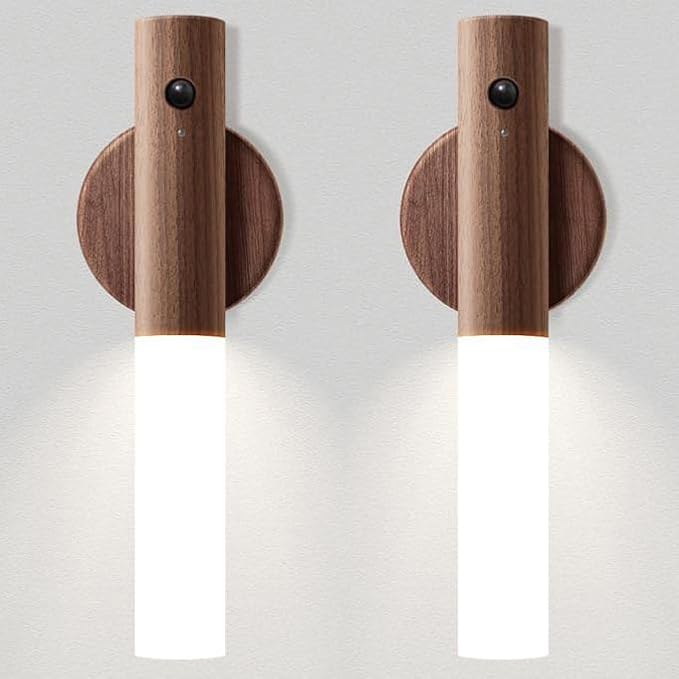 Chilvane Motion Sensor Light Indoor Night Light Wall Sconce Wooden Rechargeable Portable Magnetic Battery Operated LED Night Light for Kids Bathroom Toliet Light Closet Bedroom,Walnut Wood Pack 2